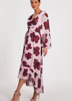Quiz Pink Floral Dip Hem Midi Dress