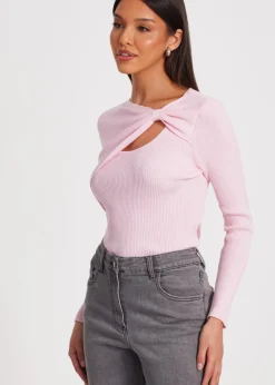 Quiz Pink Knitted Bow Detail Top