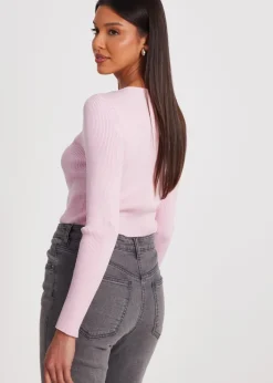 Quiz Pink Knitted Bow Detail Top