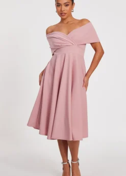Quiz Pink Petite Bardot Midi Dress