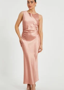 Quiz Pink Petite Satin Ruched Midaxi Dress