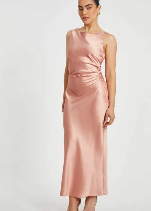 Quiz Pink Petite Satin Ruched Midaxi Dress