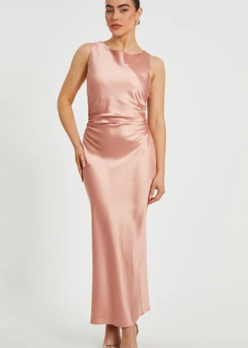 Quiz Pink Petite Satin Ruched Midaxi Dress