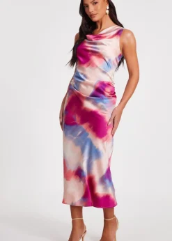Quiz Pink Satin Tie Dye Midi Dress