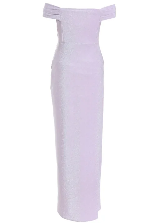 Quiz Purple Glitter Bardot Ruched Maxi Dress