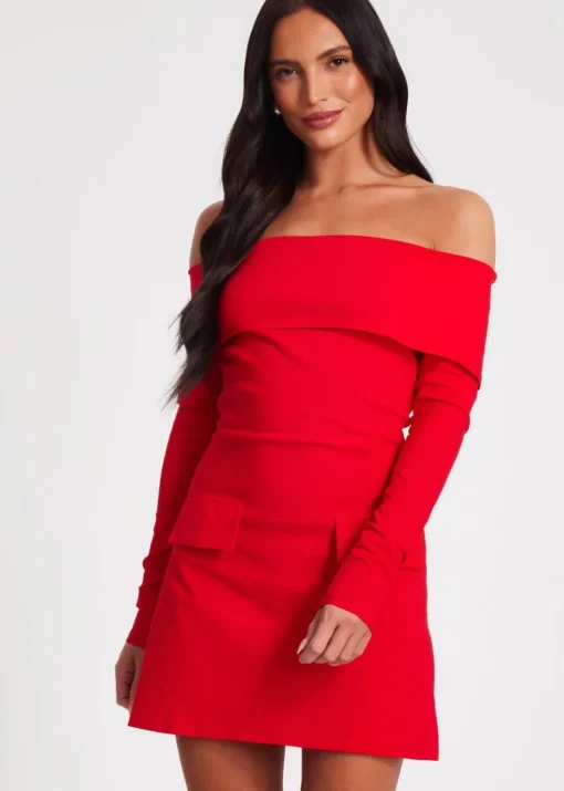 Quiz Red Bardot Long Sleeve Mini Dress