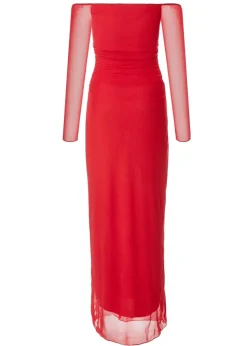 Quiz Red Bardot Mesh Midaxi Dress
