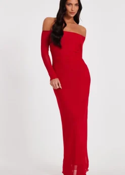 Quiz Red Bardot Mesh Midaxi Dress
