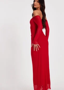 Quiz Red Bardot Mesh Midaxi Dress