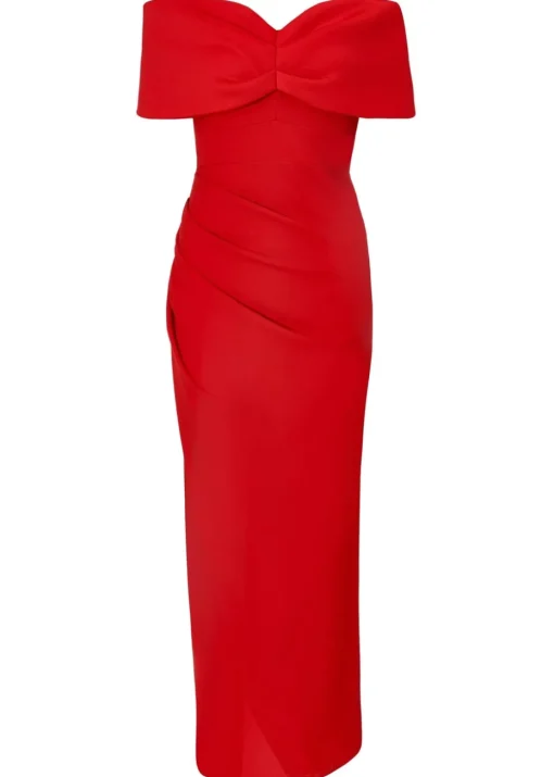 Quiz Red Petite Bardot Front Wrap Maxi Dress