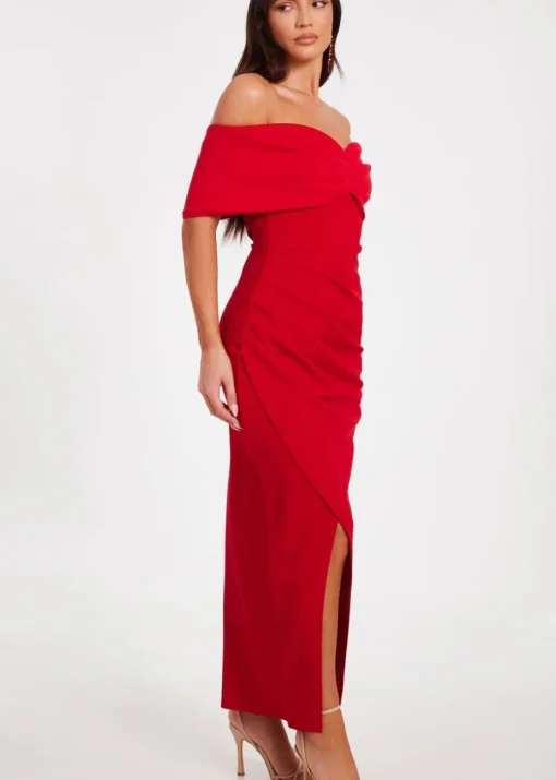Quiz Red Petite Bardot Front Wrap Maxi Dress