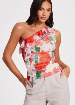 Quiz Red Printed Mesh Ruffle Top