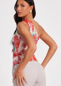 Quiz Red Printed Mesh Ruffle Top