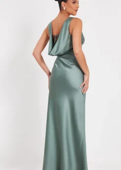 Quiz Sage Satin Front Wrap Maxi Dress