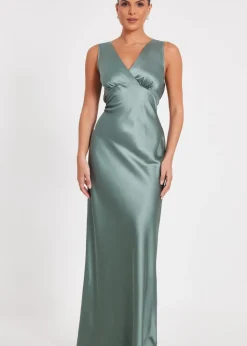 Quiz Sage Satin Front Wrap Maxi Dress