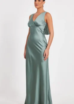 Quiz Sage Satin Front Wrap Maxi Dress
