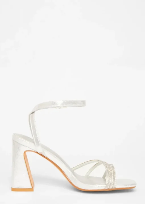 Quiz Silver Diamante Block Heeled Sandal
