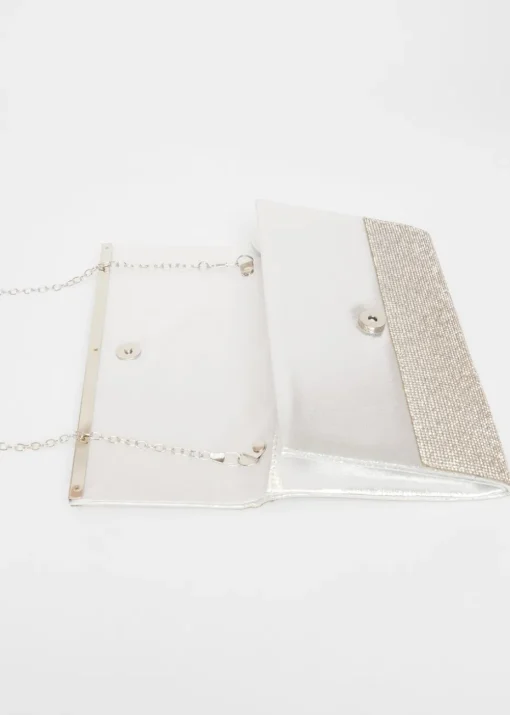 Quiz Silver Diamante Envelope Clutch Bag