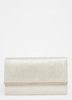 Quiz Silver Diamante Envelope Clutch Bag