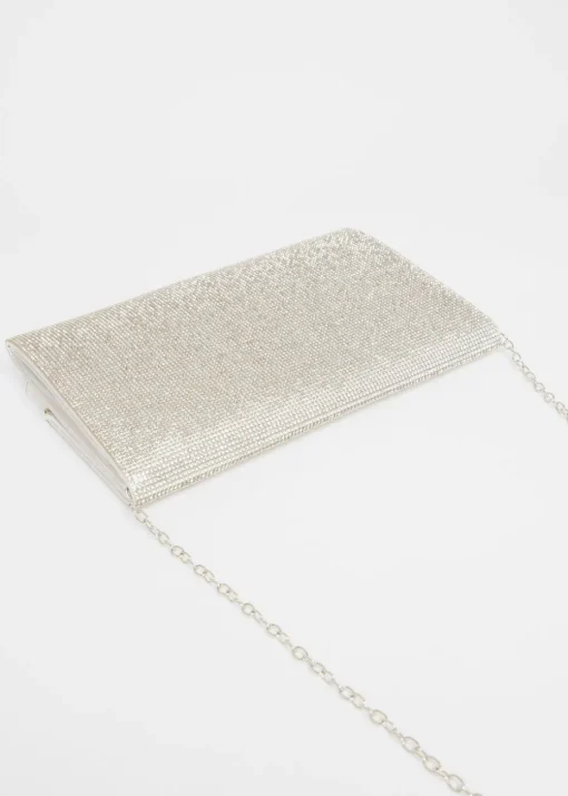 Quiz Silver Diamante Envelope Clutch Bag