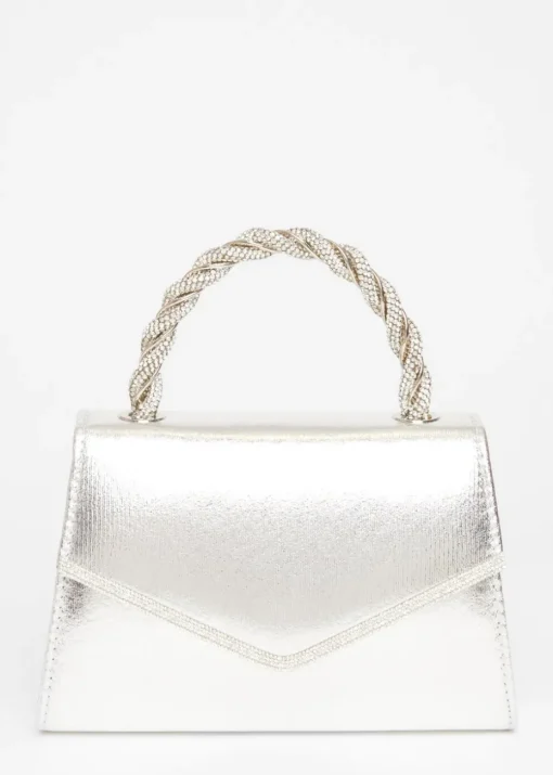 Quiz Silver Diamante Twist Top Handle Bag