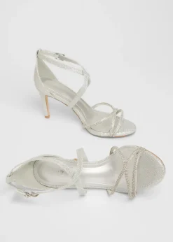 Quiz Silver Shimmer Cross Strap Heels