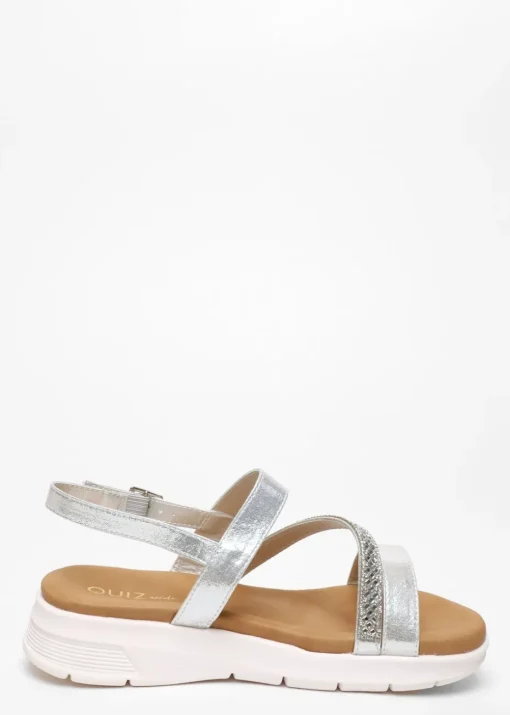 Quiz Silver Wide Fit Asymmetric Diamante Strap Sandals