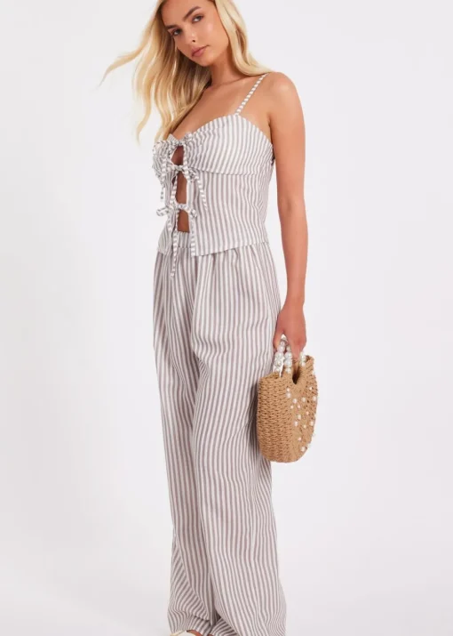 Quiz Stone Striped Wide Leg Trousers