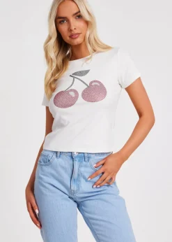 Quiz White Cherry Print Top