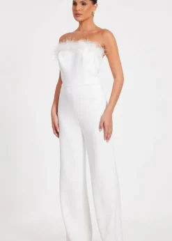 Quiz White Feather Trim Jumpsuit