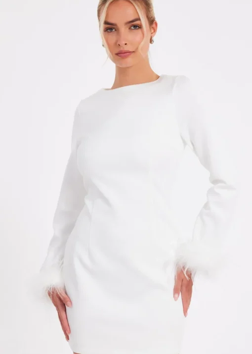 Quiz White Feather Trim Mini Dress
