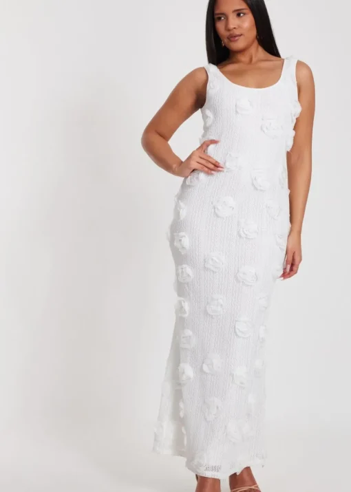Quiz White Knitted Floral Midaxi Dress