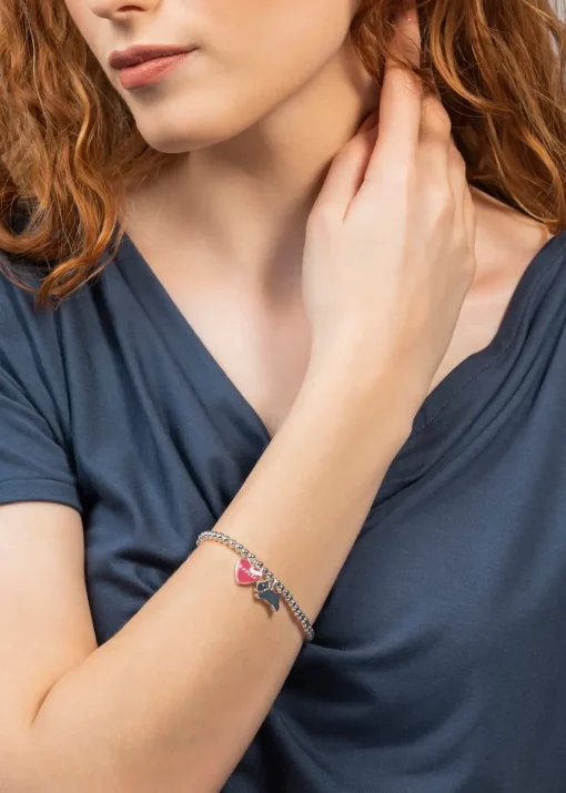 Radley London Silver Pink Enamel Heart and Dog Beaded Bracelet