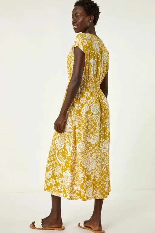 Roman Amber Leaf Print Button Midi Dress