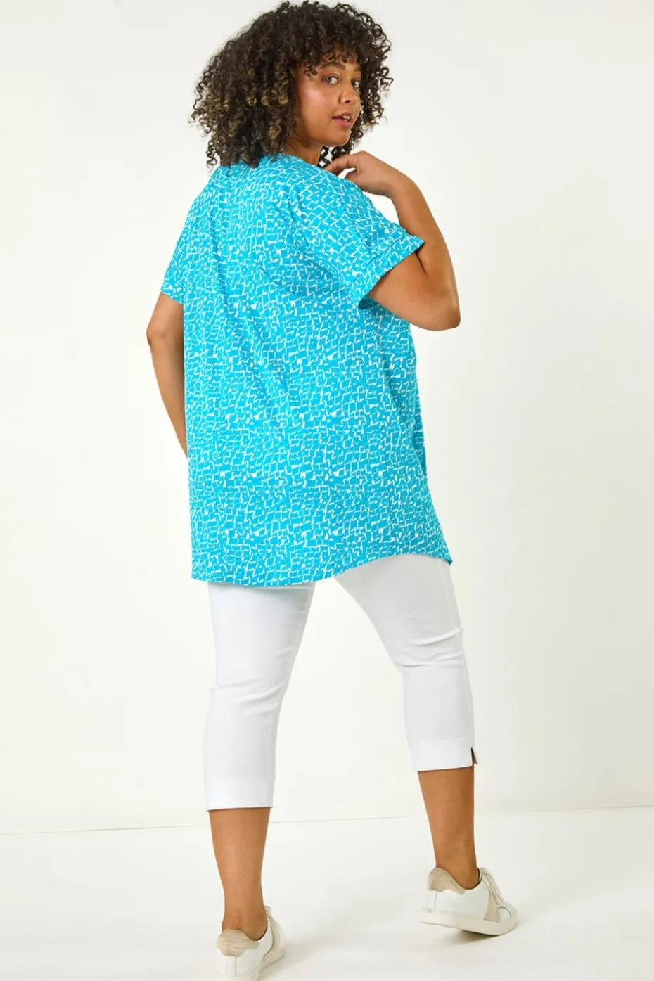 Roman Aqua Curve Pleat Front Printed Stretch Top