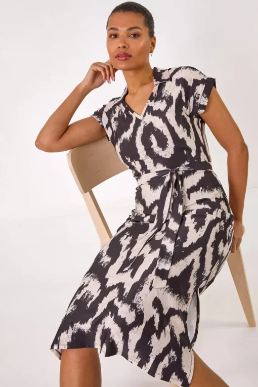 Roman Beige Abstract Print Belted Stretch Midi Dress