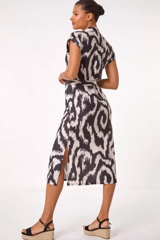 Roman Beige Abstract Print Belted Stretch Midi Dress
