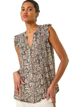 Roman Black Abstract Print Pintuck Frill Blouse