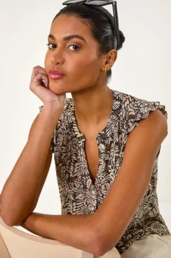 Roman Black Abstract Print Pintuck Frill Blouse