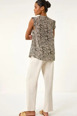 Roman Black Abstract Print Pintuck Frill Blouse