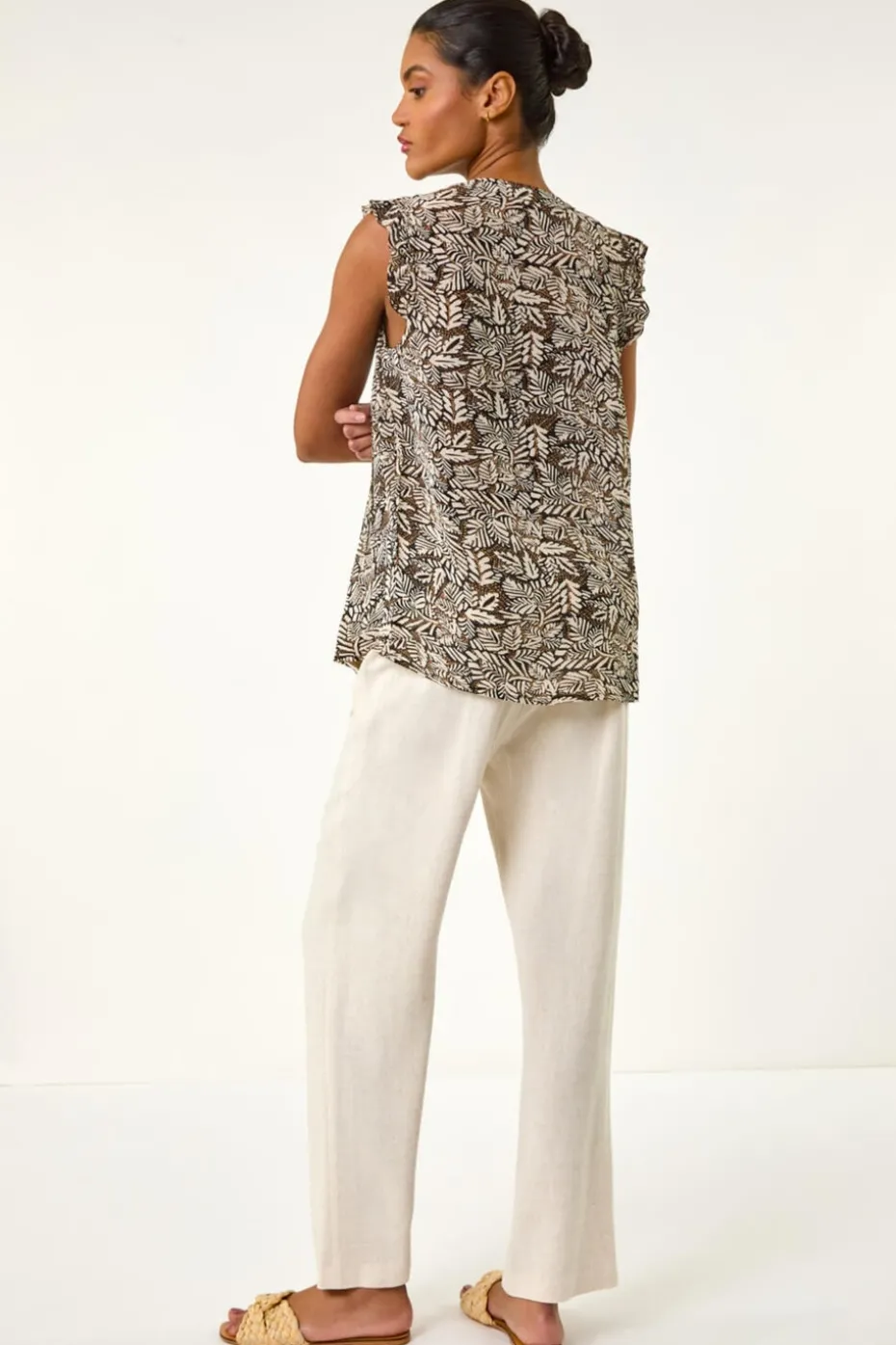 Roman Black Abstract Print Pintuck Frill Blouse