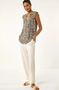 Roman Black Abstract Print Pintuck Frill Blouse