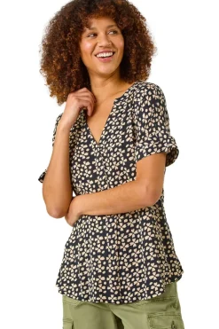 Roman Black Abstract Print V-Neck Tunic Top