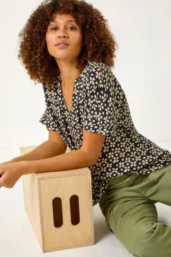 Roman Black Abstract Print V-Neck Tunic Top