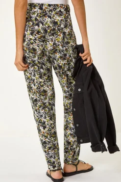 Roman Black Abstract Print Harem Straight Trousers