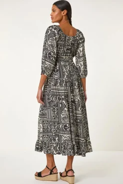 Roman Black Abstract Print Shirred Midi Dress
