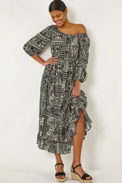 Roman Black Abstract Print Shirred Midi Dress