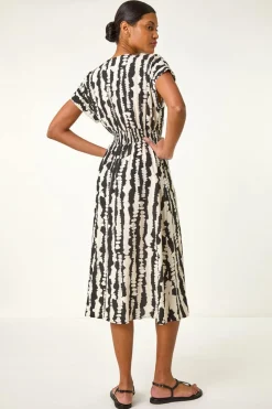 Roman Black Abstract Print Shirred Midi Dress