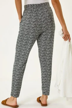 Roman Black Animal Print Hareem Stretch Straight Trouser