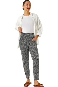 Roman Black Animal Print Hareem Stretch Straight Trouser